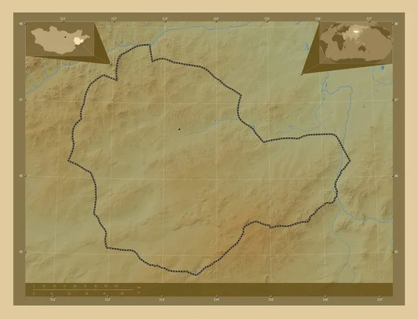 Сухбатар Провінція Монголія Кольорові Карти Висот Озерами Річками Кутові Допоміжні — стокове фото