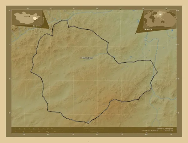 Сухбаатар Провинция Монголия Цветная Карта Высоты Озерами Реками Места Названия — стоковое фото