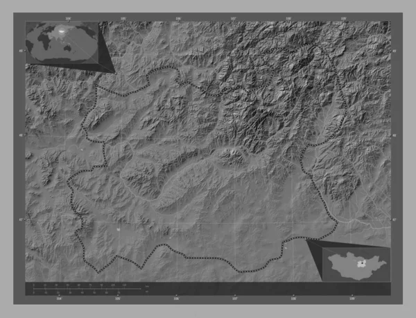 Tov Provincie Mongolië Hoogteplattegrond Met Meren Rivieren Hulplocatiekaarten Hoek — Stockfoto