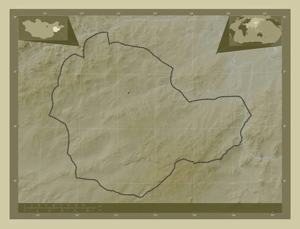 蒙古苏哈雷斯省 用Wiki风格绘制的带有湖泊和河流的高程地图 角辅助位置图 — 图库照片
