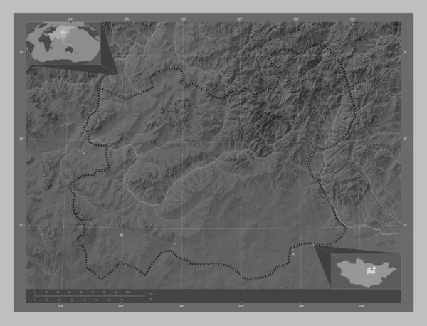 Tov Provincie Mongolsko Výškové Mapy Jezery Řekami Pomocné Mapy Polohy — Stock fotografie