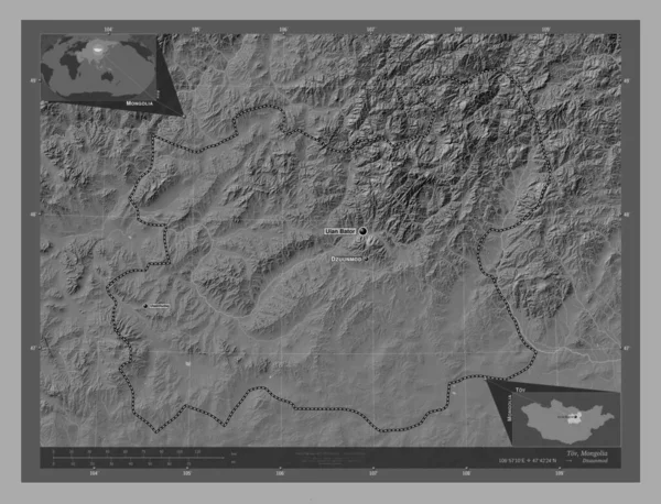 Tov Province Mongolie Carte Altitude Bilevel Avec Lacs Rivières Emplacements — Photo