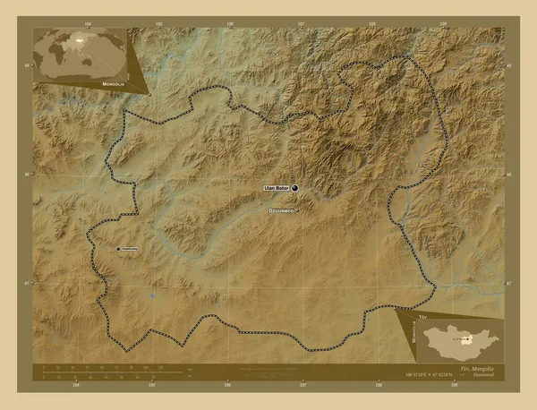 Tov Provinsen Mongoliet Färgade Höjd Karta Med Sjöar Och Floder — Stockfoto