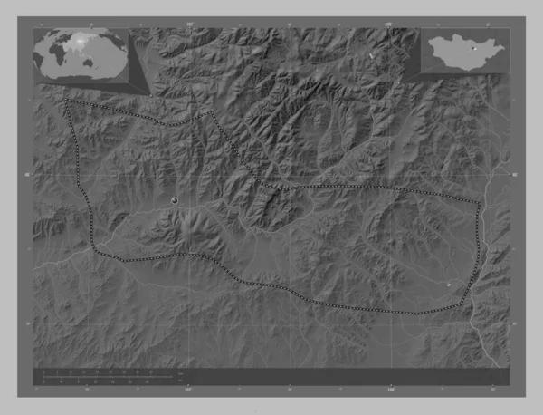 モンゴルの都市ウランバートル 湖や川とグレースケールの標高マップ コーナー補助位置図 — ストック写真