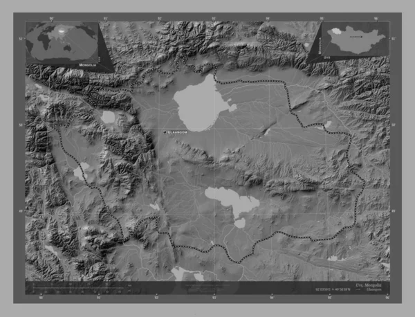 モンゴル国のUvs 湖や川と二階の標高マップ 地域の主要都市の位置と名前 コーナー補助位置図 — ストック写真