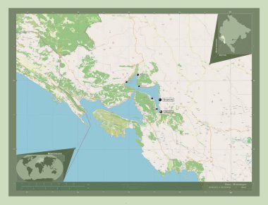 Kotor, Karadağ belediyesi. Açık Sokak Haritası. Bölgenin büyük şehirlerinin yerleri ve isimleri. Köşedeki yedek konum haritaları