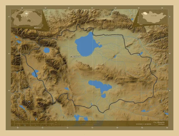 モンゴル国のUvs 湖や川と色の標高マップ 地域の主要都市の位置と名前 コーナー補助位置図 — ストック写真