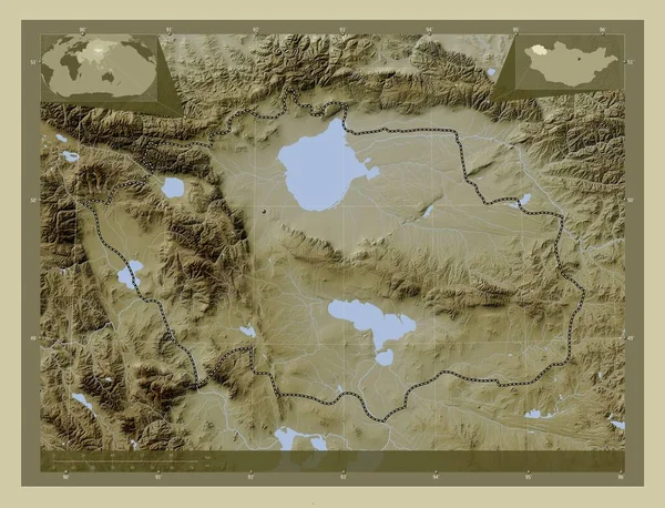 Uvs 蒙古省 用Wiki风格绘制的带有湖泊和河流的高程地图 该区域主要城市的所在地点 角辅助位置图 — 图库照片
