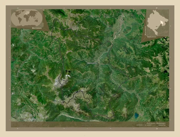 Andrijevica 黑山市 高分辨率卫星地图 该区域主要城市的地点和名称 角辅助位置图 — 图库照片