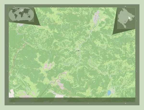 モンテネグロの自治体Andrijevica ストリートマップを開く 地域の主要都市の場所 コーナー補助位置図 — ストック写真