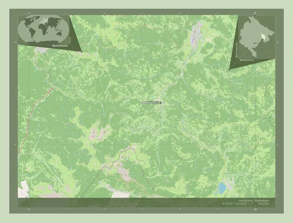 Andrijevica 黑山市 开放街道地图 该区域主要城市的地点和名称 角辅助位置图 — 图库照片