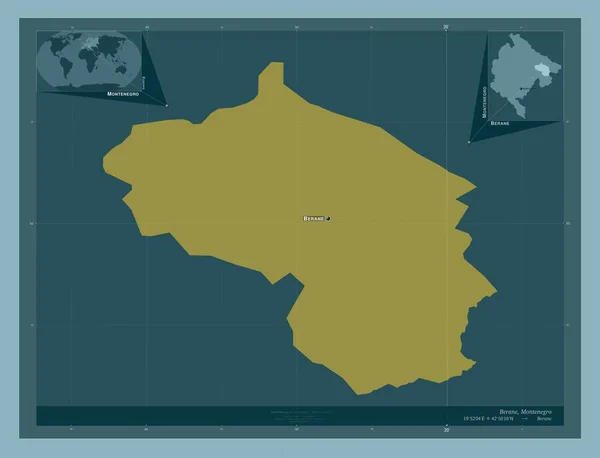 ベラン モンテネグロの自治体 しっかりした色の形 地域の主要都市の位置と名前 コーナー補助位置図 — ストック写真