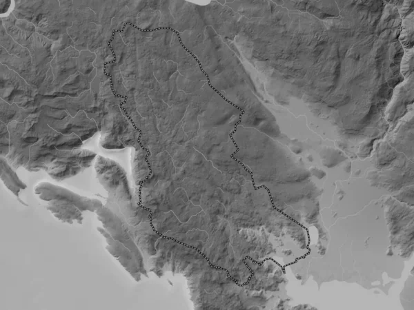 Cetinje Karadağ Belediyesi Gölleri Nehirleri Olan Gri Tonlama Yükseklik Haritası — Stok fotoğraf