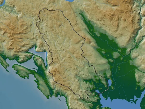 Cetinje Comune Del Montenegro Mappa Elevazione Colorata Con Laghi Fiumi — Foto Stock
