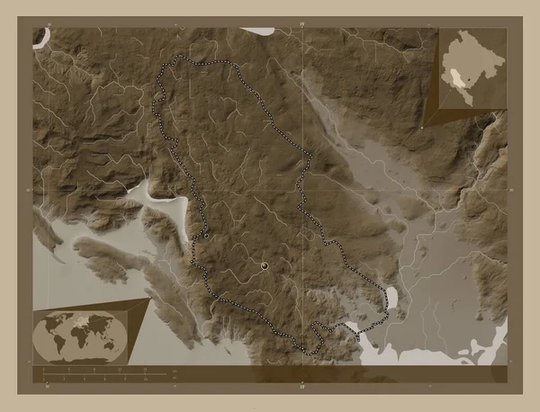 Цетине Муниципалитет Черногории Карта Высоты Окрашенная Сепиевые Тона Озерами Реками — стоковое фото