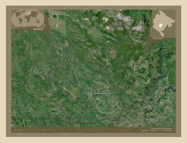 モンテネグロの自治体Danilovgrad 高解像度衛星地図 地域の主要都市の位置と名前 コーナー補助位置図 — ストック写真