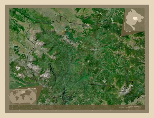 科拉辛 黑山市 高分辨率卫星地图 该区域主要城市的地点和名称 角辅助位置图 — 图库照片
