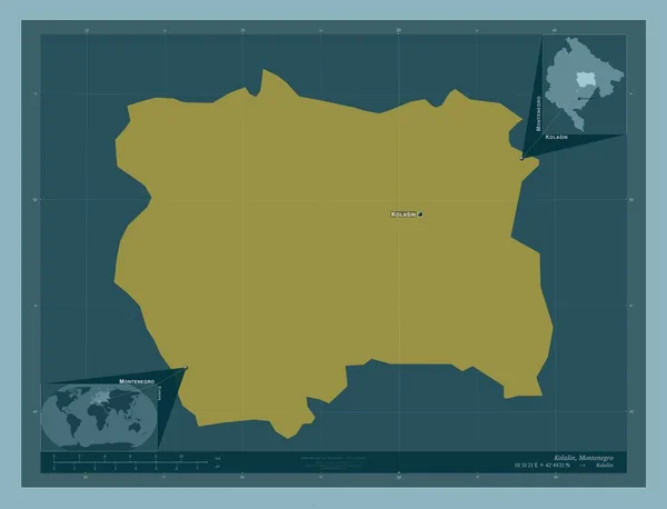 コラーシン モンテネグロの自治体 しっかりした色の形 地域の主要都市の位置と名前 コーナー補助位置図 — ストック写真