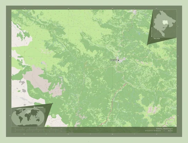 コラーシン モンテネグロの自治体 ストリートマップを開く 地域の主要都市の位置と名前 コーナー補助位置図 — ストック写真