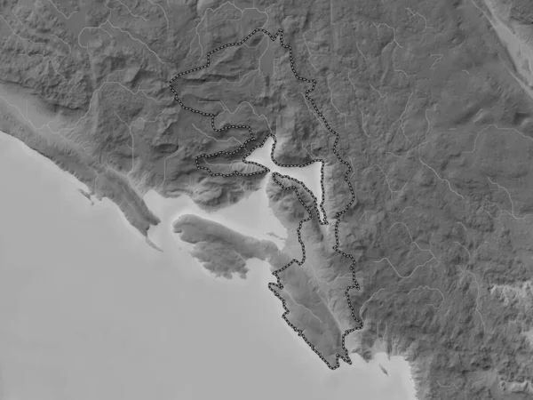 Kotor Municipality Montenegro Grayscale Elevation Map Lakes Rivers — Stock Photo, Image