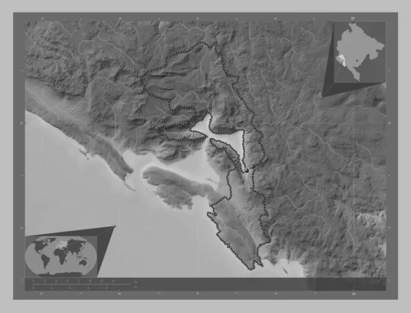 Kotor Gemeente Montenegro Grayscale Hoogte Kaart Met Meren Rivieren Hulplocatiekaarten — Stockfoto