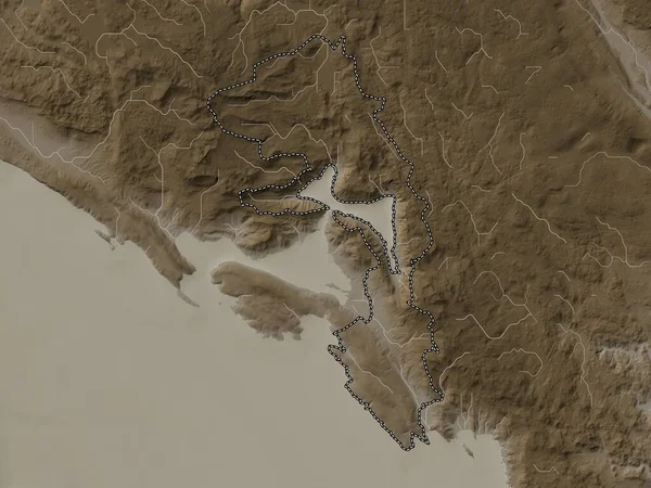 コトル モンテネグロの自治体 湖や川とセピアトーンで着色標高マップ — ストック写真
