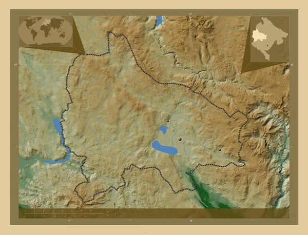 ニック モンテネグロの自治体 湖や川と色の標高マップ 地域の主要都市の場所 コーナー補助位置図 — ストック写真