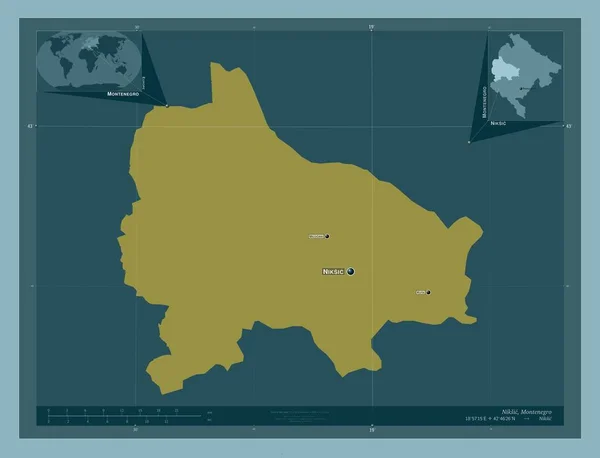 Niksic 黑山市 固体的颜色形状 该区域主要城市的地点和名称 角辅助位置图 — 图库照片