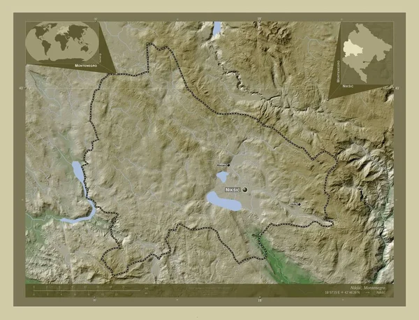 ニック モンテネグロの自治体 湖や川とWikiスタイルで着色された標高マップ 地域の主要都市の位置と名前 コーナー補助位置図 — ストック写真