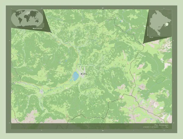 プラヴ モンテネグロの自治体 ストリートマップを開く 地域の主要都市の位置と名前 コーナー補助位置図 — ストック写真