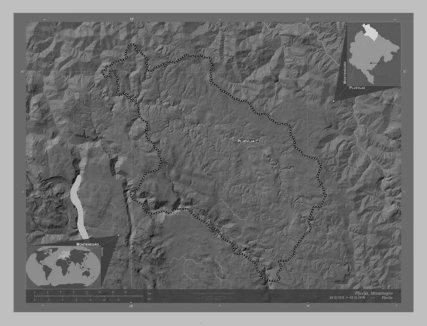 Pljevlja Municipality Montenegro Grayscale Elevation Map Lakes Rivers Locations Names — Stock Photo, Image