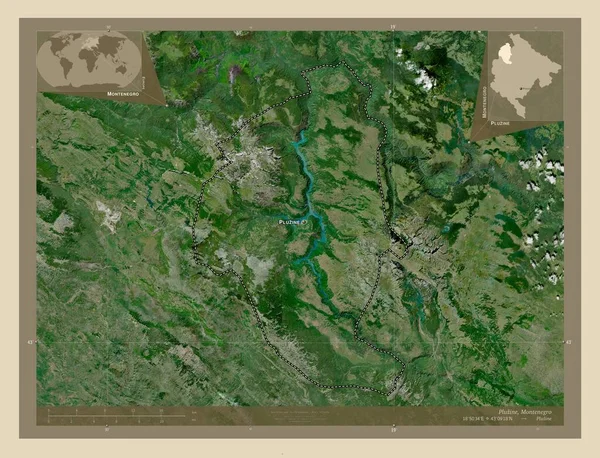 黑山市Pluzine 高分辨率卫星地图 该区域主要城市的地点和名称 角辅助位置图 — 图库照片