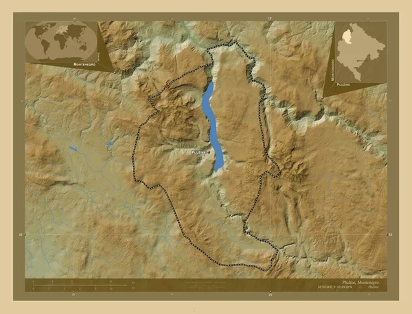 プルージン モンテネグロの自治体 湖や川と色の標高マップ 地域の主要都市の位置と名前 コーナー補助位置図 — ストック写真