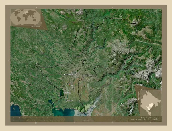 波德戈里察 黑山市 高分辨率卫星地图 该区域主要城市的地点和名称 角辅助位置图 — 图库照片