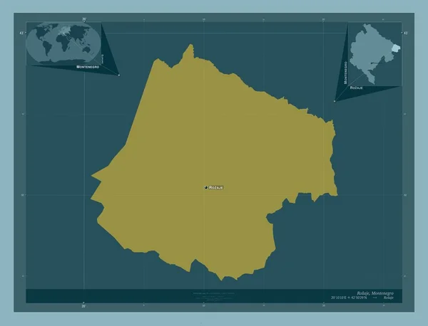モンテネグロの自治体 Rozaje しっかりした色の形 地域の主要都市の位置と名前 コーナー補助位置図 — ストック写真