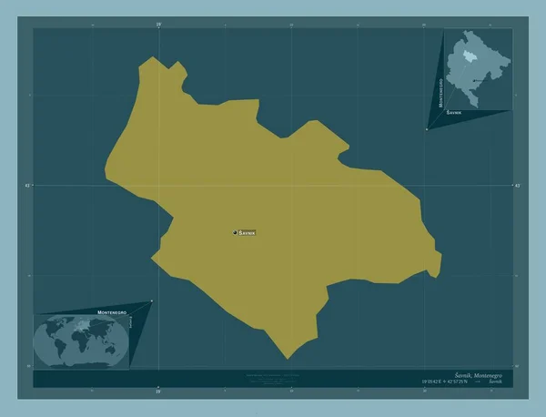 黑山市Savnik 固体的颜色形状 该区域主要城市的地点和名称 角辅助位置图 — 图库照片