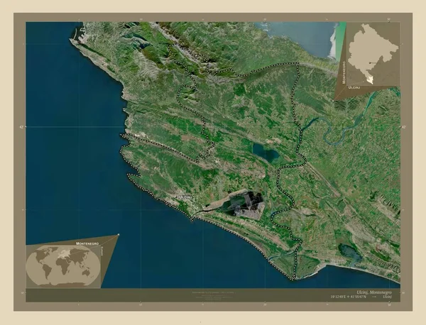 Ulcinj Gmina Czarnogóry Mapa Satelity Wysokiej Rozdzielczości Lokalizacje Nazwy Głównych — Zdjęcie stockowe