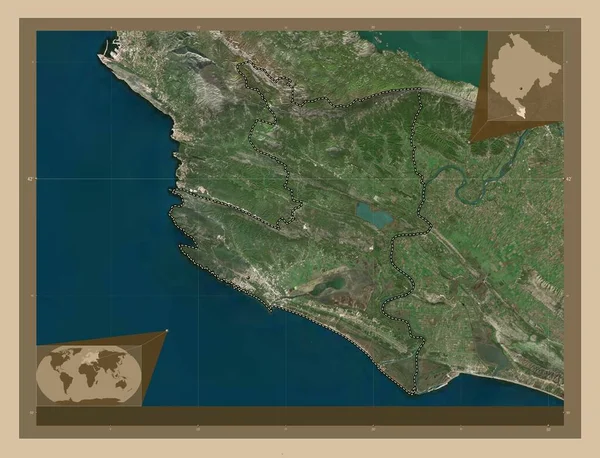 モンテネグロの自治体Ulcinj 低解像度衛星地図 地域の主要都市の場所 コーナー補助位置図 — ストック写真