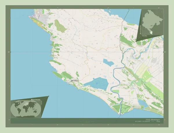 モンテネグロの自治体Ulcinj ストリートマップを開く 地域の主要都市の位置と名前 コーナー補助位置図 — ストック写真