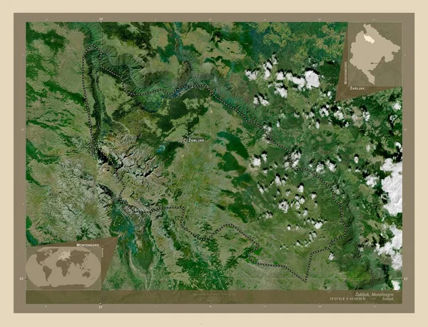 Zabljak 黑山市 高分辨率卫星地图 该区域主要城市的地点和名称 角辅助位置图 — 图库照片