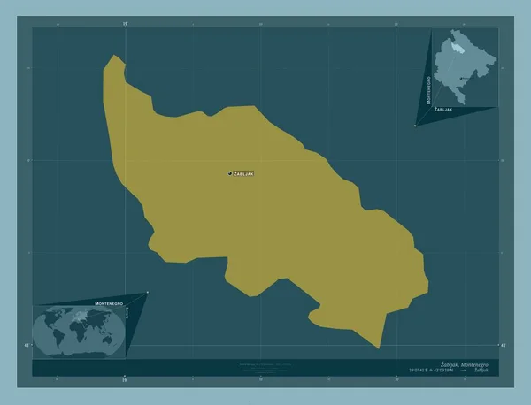 ズブラジャック モンテネグロの自治体 しっかりした色の形 地域の主要都市の位置と名前 コーナー補助位置図 — ストック写真