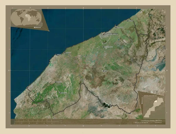 モロッコの地域 カサブランカ セッタ 高解像度衛星地図 地域の主要都市の位置と名前 コーナー補助位置図 — ストック写真