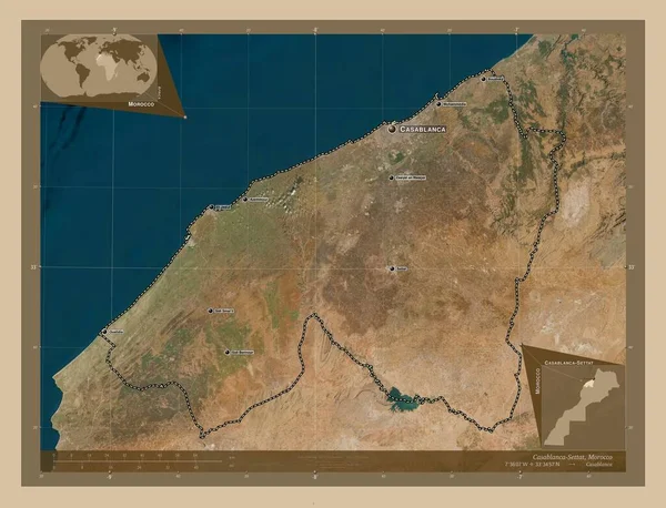 モロッコの地域 カサブランカ セッタ 低解像度衛星地図 地域の主要都市の位置と名前 コーナー補助位置図 — ストック写真