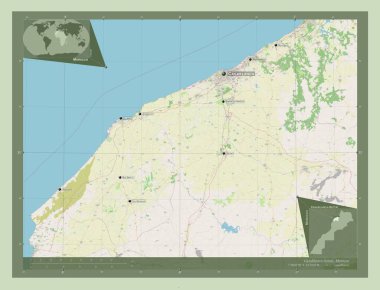 Casablanca-Settat, Fas bölgesi. Açık Sokak Haritası. Bölgenin büyük şehirlerinin yerleri ve isimleri. Köşedeki yedek konum haritaları