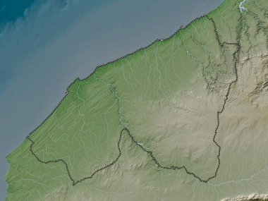 Casablanca-Settat, Fas bölgesi. Yükseklik haritası göller ve nehirlerle wiki stilinde renklendirilmiştir