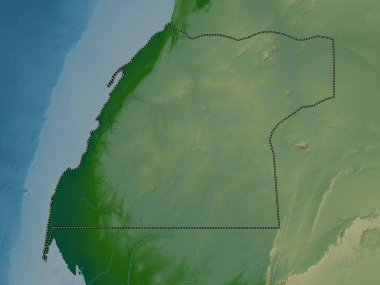 Dakhla-Oued Ed-Dahab, Fas bölgesi. Gölleri ve nehirleri olan renkli yükseklik haritası