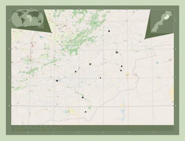 Draa-Tafilalet the 124; Draa-Tafilalet, Fas bölgesi. Açık Sokak Haritası. Bölgenin büyük şehirlerinin yerleri. Köşedeki yedek konum haritaları
