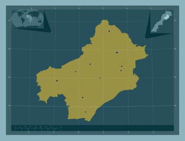 Draa-Tafilalet the 124; Draa-Tafilalet, Fas bölgesi. Katı renk şekli. Bölgenin büyük şehirlerinin yerleri. Köşedeki yedek konum haritaları