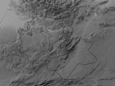 Fas-Meknes bölgesi, Fas bölgesi. Gölleri ve nehirleri olan gri tonlama yükseklik haritası
