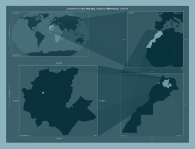 Fas-Meknes bölgesi, Fas bölgesi. Büyük ölçekli haritalarda bölgenin yerini gösteren diyagram. Katı bir arkaplan üzerinde vektör çerçevelerinin ve PNG şekillerinin bileşimi